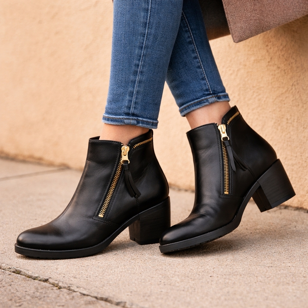 Nero Giardini Black Leather Zip Ankle Boots Gold Hardware Block Heel Italy